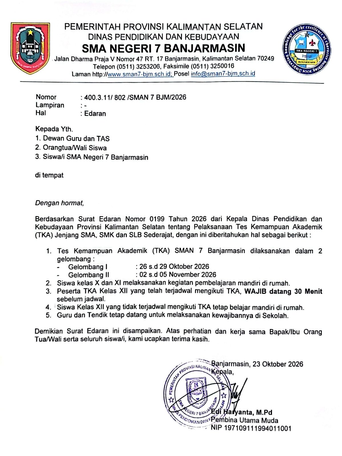 Edaran Pelaksanaan TKA SMAN 7 Banjarmasin 2026
